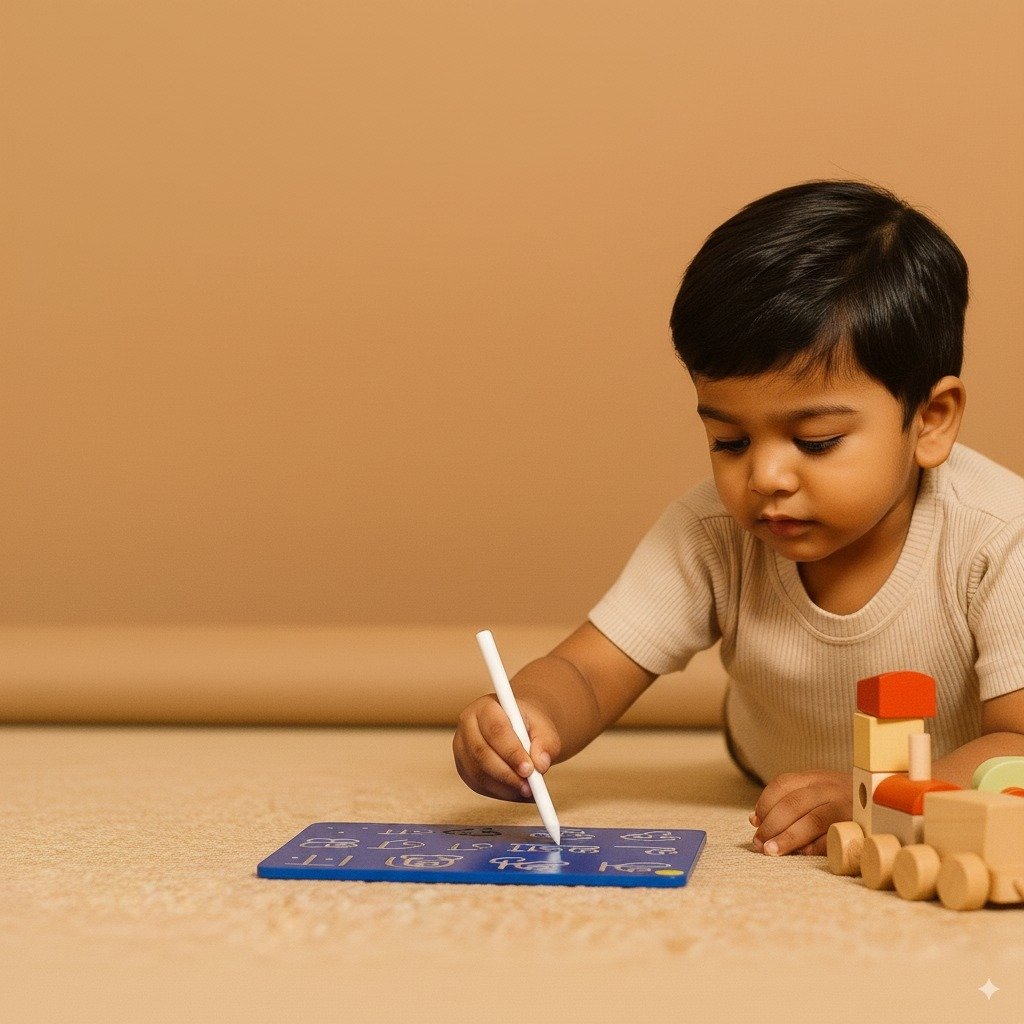 Child learning with a Kalki Woods wooden activity board